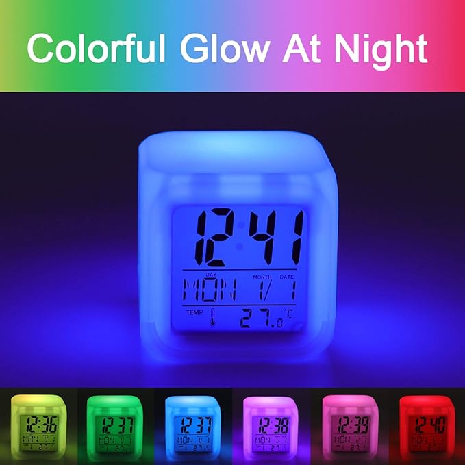 Ocean Waves Sunrise Digital Alarm Clock Color Change LED Digitals Clock with Battery Operated Modern Smart Alarm Clocks Wake Up Digital Clocks with 7 Color Nightlight for Bedroom