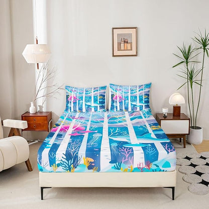 Ocean Kids Full Size Fitted Sheet,Seaweed Underwater World Boys Girls Bed Sheets,Sealife Shark Nautical Room Decor,Blue Bedding Set,2 Pillowcases(No Flat)