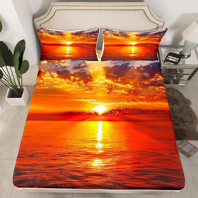 Manfei Sea Sunset Kids Sheet Set Twin Size, Tropical Ocean Theme Bedding Set for Boys Girls Teens Bedroom Decor, Sunset Landscape Bed Sheet Set 3pcs (Fitted Sheet, Flat Sheet, 1 Pillowcase)