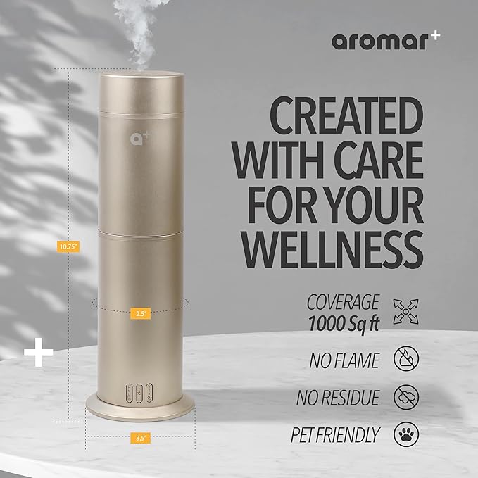 AROMAR Smart Waterless Oil Diffuser - Cold-Air Essential Scent Machine, App-Controlled, Covers 1000 Sq.Ft - Includes 'New York' Scent - Perfect for Home, Office, & Business use - Gold