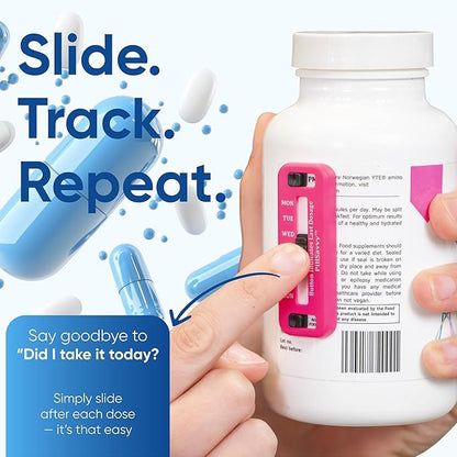 PillSavvy™ Daily Pill Tracker – Non-Digital, Reusable Medication Reminder for Bottles & Organizers – Easy to Use, Curved Back – Track Prescriptions, Vitamins, Supplements & Pet Meds (White, 5 Pack)