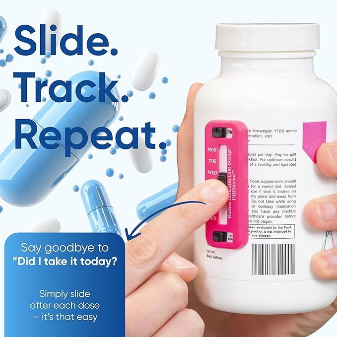 PillSavvy™ Daily Pill Tracker – Non-Digital, Reusable Medication Reminder for Bottles & Organizers – Easy to Use, Curved Back – Track Prescriptions, Vitamins, Supplements & Pet Meds (White, 2 Pack)