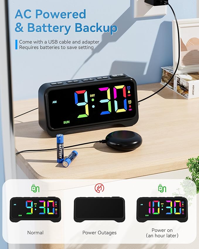 Vibrating Alarm Clock for Heavy Sleepers, Digital Alarm Clock with Bed Shaker, RGB Colorful Changing, Night Light, USB Charger, Dimmable Loud Bedside Desk Clock for kids, Hearing Impaired Deaf, Adults