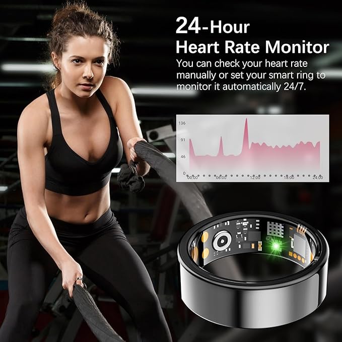 Ring Health Tracker for Women Men, Fitness Ring with Heart Rate,Blood Oxygen,Sleep Monitor,Calories, Step Counter, IP68 Waterproof Smart Ring for iPhone & Android, No Subscription Fee (Black, 11#)
