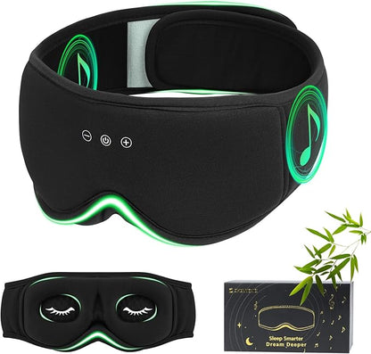 Bamboo Cotton Large Sleep Mask with Bluetooth Wireless Headphones - Blackout Eye Mask for Sleeping 3D Contoured Sleep Headband Ear Muffs Lengthen & Low Noise Hook for Better Experience (Black)