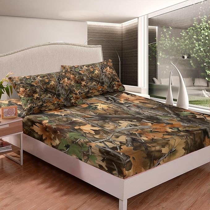 Camoflage Kids Fitted Sheet Twin Size,Jungle Tree Woods Fall Leaves Rustic Cabin Bedding Set,Boys Girls Room Decor,Hunting Adventure Nature Bed Cover,Brown Bed Sheet,1 Pillowcase(No Top Sheet)