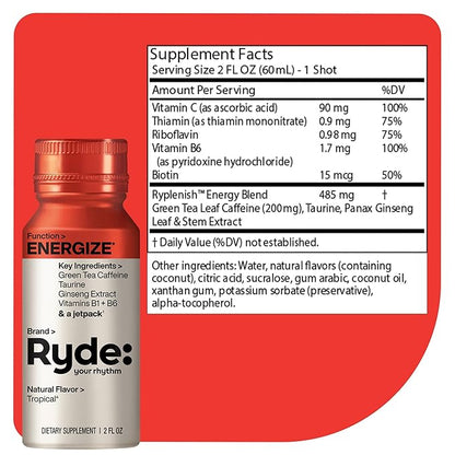 Ryde: Energize Shot | Tropical Flavor | Green Tea Caffeine, Taurine, Ginseng Extract & B Vitamins | 0 Calories, 0 Sugar | 2 FL OZ Shots | Boosts energy* (24 Pack)