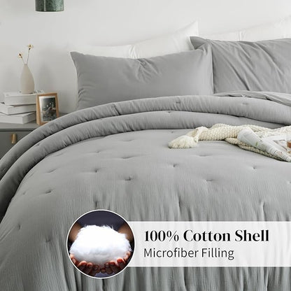 HOMBYS 100% Cotton Muslin Comforter Oversized King 120x120, Lightweight and Breathable Down Alternative Comforter,Soft Gauze Summer Light Grey Reversible Fluffy Duvet Insert