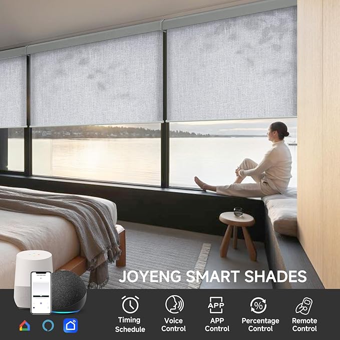 Motorized Light Filtering Roller Shades with Remote Control, Electric Smart Shades Compatible with Alexa and Google, Rechargeable, Customizable Size (Textured Light Gray)