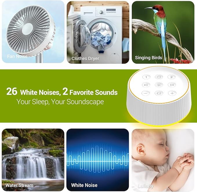 BGOVERSS Sound Machine with 26 Soothing Sounds, 10 Colors Night Light White Noise Machine for Adults Baby Kids Sleep Machines Function, Volume Levels 6 Timers for Home Office Travel