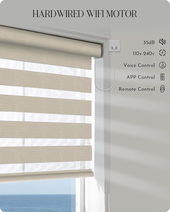 Graywind Motorized Blinds with Remote, Smart Zebra Shades for Windows, Hardwired Roller Blinds Compatible with Apple Homekit, Alexa, Google Home, Custom Size, Classic - Grey