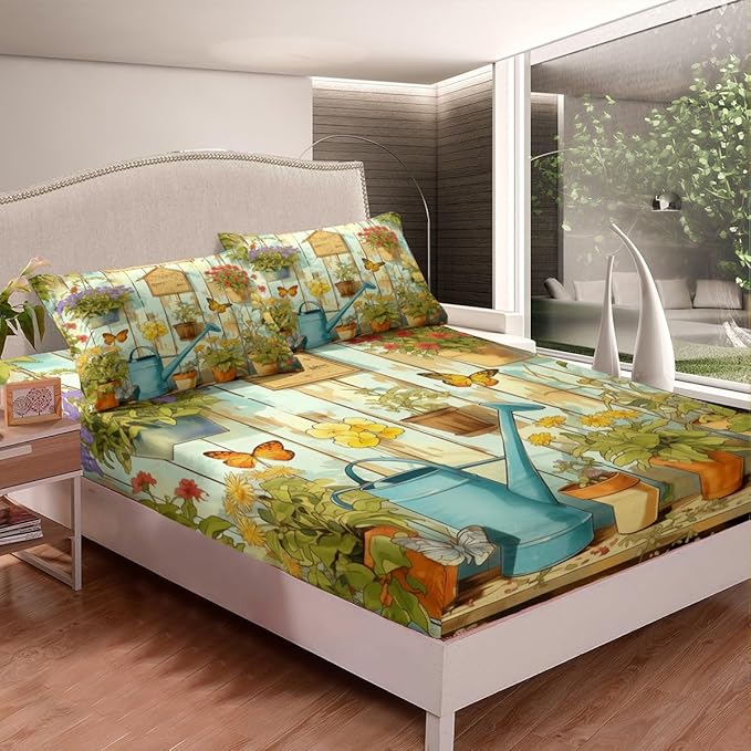 Manfei Gardening Kids Sheet Twin Size,Potted Plants Flowers Butterfly Bedding Set,Boys Girls Room Decor,Geometric Wooden Plank Rustic Green Brown Bed Sheet Set 3pcs(Fitted + Flat + 1 Pillowcase)