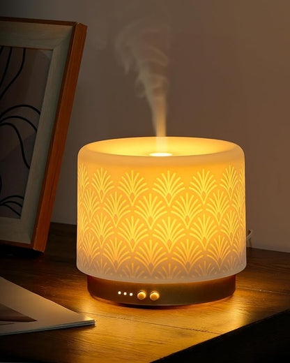 Ceramic Essential Oil Diffuser 280ml- Aromatherapy Diffuser with Ultrasonic Cool Mist Humidifier, Night Light, Timer, Auto Shut-Off, Large Room Aroma Diffuser for Home, Bedroom, Office, Yoga