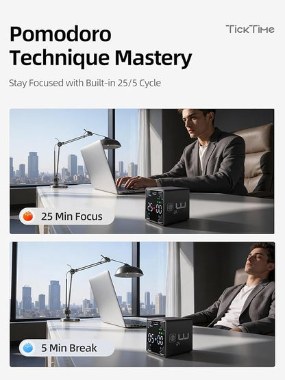 Pomodoro Timer Cube, Productivity Timer, Pause & Resume, Silent, Vibrate & Adjustable Sound Alert, for ADHD, Task, Work, Study, 1/3/5/10/15/25/45/60min & Custom Countdown, Black