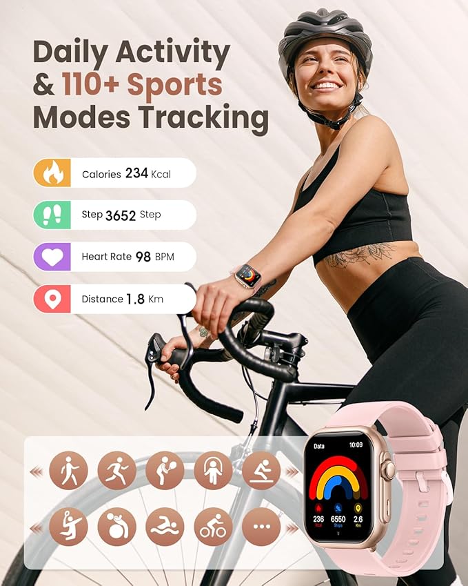 Smart Watch for Android/iPhone, 5ATM Fitness Watches for Women with 110+ Sports Modes, Bluetooth Calls/Messages/App Notifications, Health Monitor Blood Pressure/Heart Rate/SpO2/Sleep, Gifts for Women