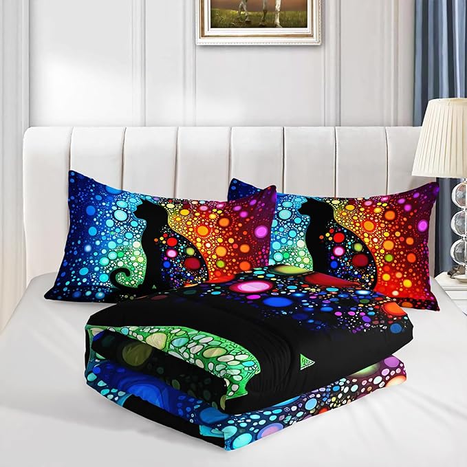 Black Cats Comforter Full Bedding Sets for Girls,Colorful Abstract Dots Bed Set for Kids Boys Teens Toddler Room Decor,Bohemian Style Art Aesthetics Comforter Sets with 2 Pillowcases.