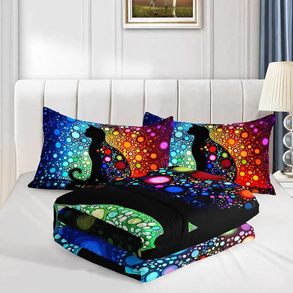 Black Cats Comforter King Bedding Sets for Girls,Colorful Abstract Dots Bed Set for Kids Boys Teens Toddler Room Decor,Bohemian Style Art Aesthetics Comforter Sets with 2 Pillowcases.