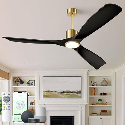 60" Smart Ceiling Fan with Lights,Outdoor Ceiling Fan Work with Alexa/Gg/App/Remote,3-Color Light Dimmable 6-Speed Quiet Reversible for Patio Porch Bedroom,Black and Gold