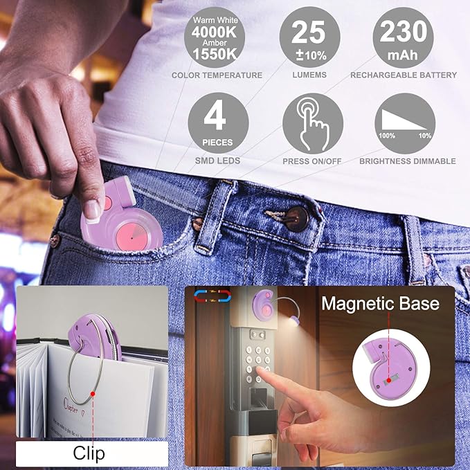 LUXSWAY Rechargeable Reading Light for Kids, LED Book Light with Magnetic Clip and Flexible Gooseneck, Cute Amber Bookmark Light - Violet
