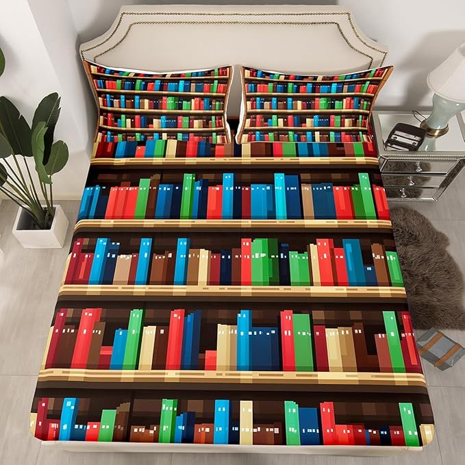 Pixel Vedio Game Bed Sheets Queen Size,Pixelated Bookshelf Bookcase Bedding Set, Books Modern Building Games Boys Girls Room Decor,Colorful Sheet(Fitted+Flat+2 Pillowcases)
