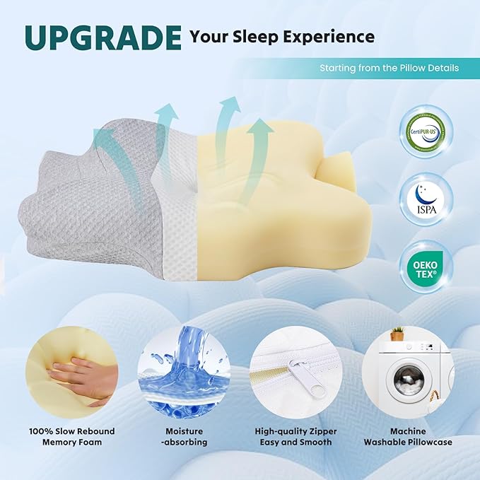 Sweetcrispy Memory Foam Cervical Neck Pillow for Sleeping, Ergonomic Contour Side Sleeper Pillows for Adults, Cooling Orthopedic Pillow for Pain Relief Support, Grey