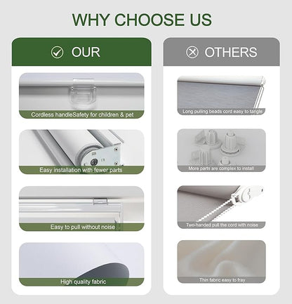 Cordless Roller Shades 100% Blackout Blinds for Windows and Doors, Pull Down Room Darkening Window Shades, Easy to Install for Home and Office, White, Fixed 75 Inches High, 71 Inches Width