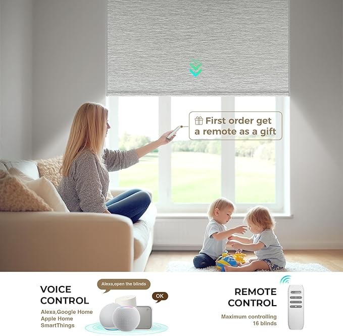HeyBlinds Motorized Blinds with Remote, 100% Blackout Smart Blinds, Automatic Shades for Windows Compatible with Alexa Google and Homekit, Custom Size(Light Chaser-Silver Gray BO)
