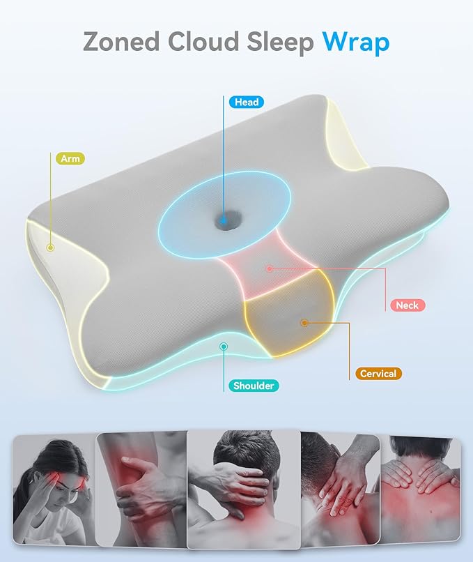 Cervical Neck Pillow for Pain Relief - Cervical Pillow for Side Back Stomach Sleepers, Ergonomic Orthopedic Support Pillow for Sleeping with Memory Foam, Cooling Pillowcase, Grey