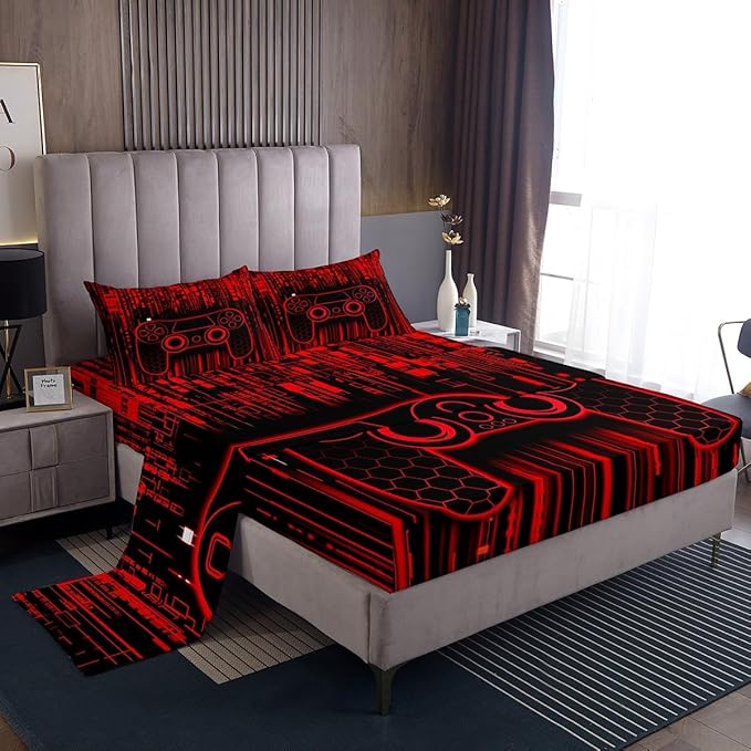 Neon Gamepad Kids Sheet Queen Size,Modern Geomcetric Honeycomb Hexagon Fashion Bedding Set,Boys Girls Room Decor,Videogaming Games Controller Red Bed Sheet Set 4pcs(Fitted + Flat + 2 Pillowcases)
