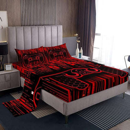 Neon Gamepad Kids Sheet Queen Size,Modern Geomcetric Honeycomb Hexagon Fashion Bedding Set,Boys Girls Room Decor,Videogaming Games Controller Red Bed Sheet Set 4pcs(Fitted + Flat + 2 Pillowcases)