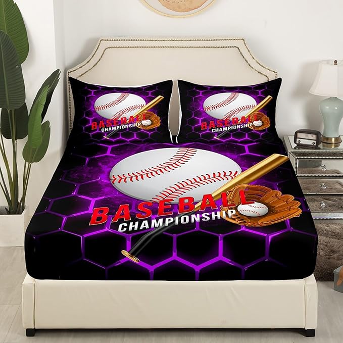 Manfei Baseball Sheet Set Queen Size, Ball Gaming Sports Themed Bedding Set for Kids Boy Teen Room Decor, Purple Honeycomb Bed Sheet Set 4pcs with Deep Pocket Fitted Sheet + Flat Sheet + 2 Pillowcases