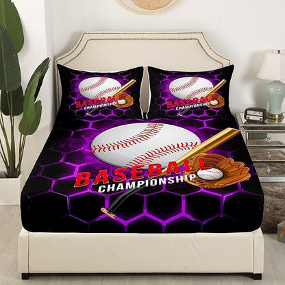 Manfei Baseball Sheet Set Queen Size, Ball Gaming Sports Themed Bedding Set for Kids Boy Teen Room Decor, Purple Honeycomb Bed Sheet Set 4pcs with Deep Pocket Fitted Sheet + Flat Sheet + 2 Pillowcases