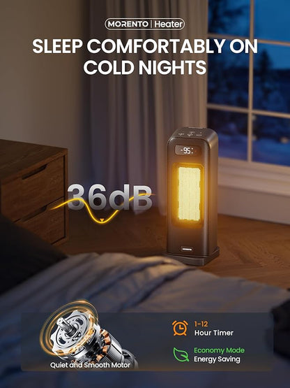 MORENTO Space Heaters for Indoor Use, Electric Portable Heater for Bedroom with Thermostat, WiFi Voice Control, 36dB Quiet 4 Modes 12H Timer, 1500W PTC Ceramic Heater for Office Home 1Pack Black