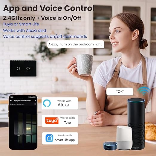 Smart Light Switch,2-Button,Aluminum Frame, Neutral Required,2.4GHz, Tuya Smart Life App,Voice Control,2.5D Curved-Edge Tempered Glass Panel,Black
