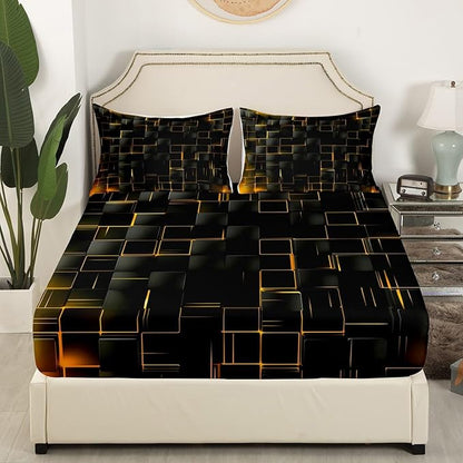 Manfei Geometric Sheet Set Full Size, Abstract Square Grid Print Bedding Set for Kids Boys Girls Adults, Yellow and Black Bed Sheet Set 4pcs with Deep Pocket Fitted Sheet + Flat Sheet + 2 Pillowcases