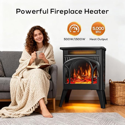 ZAFRO 21" Electric Fireplace Stove with Remote Control, Indoor Electric Fireplace Heater with Realistic Flame Effects, Space Heater with Timer & Overheat Protection for Bedroom, Living Room(Black)