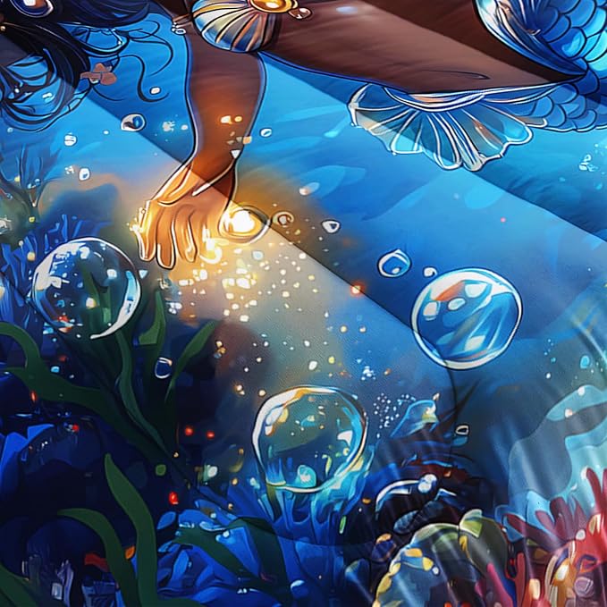 Black Little Mermaid Pattern Twin Comforter Set,Underwater World Ocean Themed Bedding Sets for Kids Toddlers Girls Boys Room Decor,Princess Bedding with 2 Pillowcases.