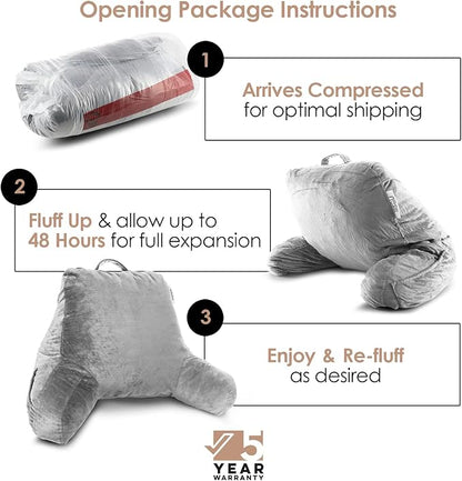 Nestl Reading Pillow with Shredded Memory Foam, Designed for Sitting Up in Bed and Couch, Back and Arms Adjustable Support for Adult & Teens Backrest Pillows for Reading with Washable Cover Light Grey
