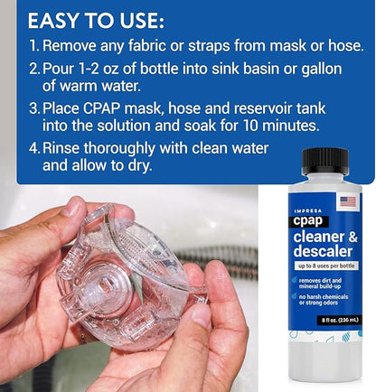 IMPRESA CPAP Cleaning Solution - 2-Pack, 8 Fl Oz Bottles - Residue-Free Citric Acid Descaler - Safe Plastic Component & Sleep System Cleaner - Travel-Friendly Pack