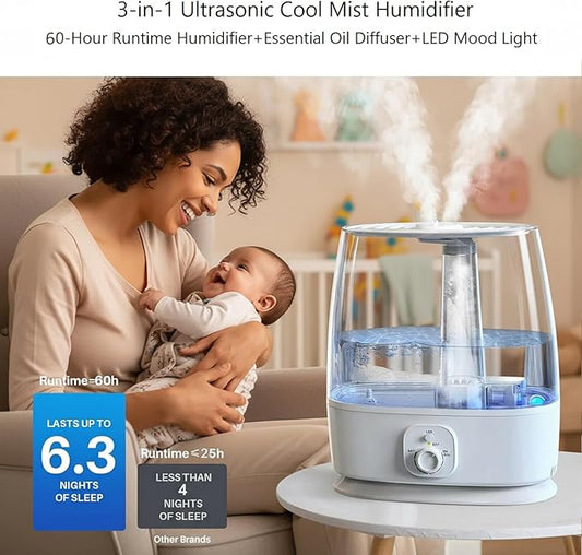 6L Humidifier for Large Room - Cool Mist Ultrasonic with 60H Runtime, Top Fill, Whisper Quiet ≤28dB, Auto Shut-Off, Essential Oil Diffuser & Night Light for Baby Nursery Bedroom Office