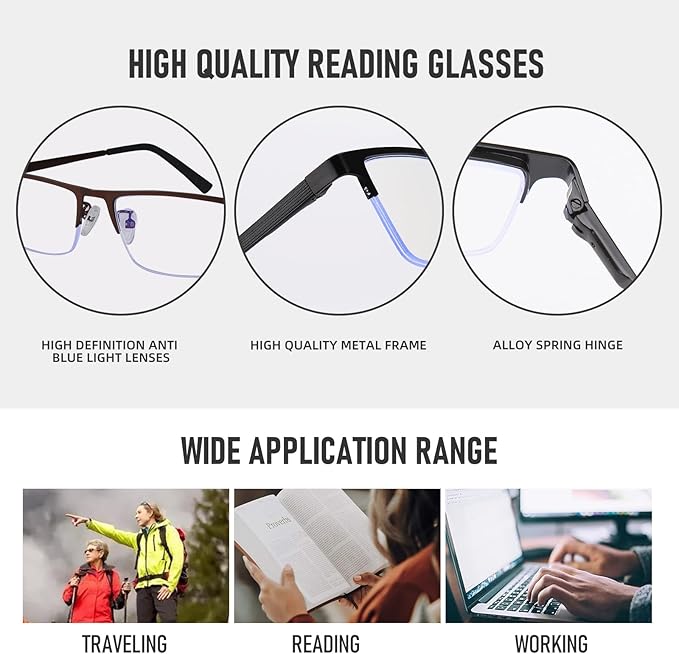 3-Pack Reading Glasses for Men, Lightweight Metal Half Frame Blue Light Blocking Computer Readers