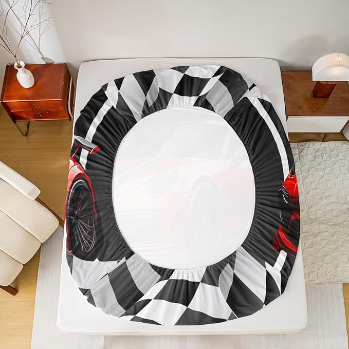 Manfei Red Race Car Sheet Set Twin Black and White Grid Bedding for Kids Teens Room Decor,Soft Breathable Extreme Sport Bed Sheet Set 3pcs with Deep Pocket Fitted Sheet + Flat Sheet + 1 Pillowcase