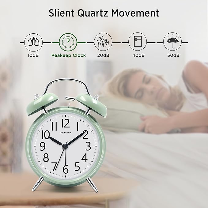 Peakeep Loud Battery Alarm Clock for Heavy Sleepers Adults Kids, Analog 4.5" Twin Bell Old School Fashioned Style for Bedrooms Living Room Decor (Avocado Green)