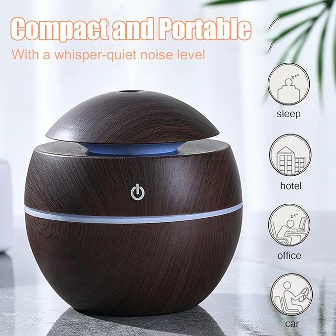 Wood Grain Humidifier, Portable Mini Humidifier Compact Portable 5V 2W USB Aroma Diffuser Quiet Essential Oil Diffuser for Bedrooms Living Rooms Office Car