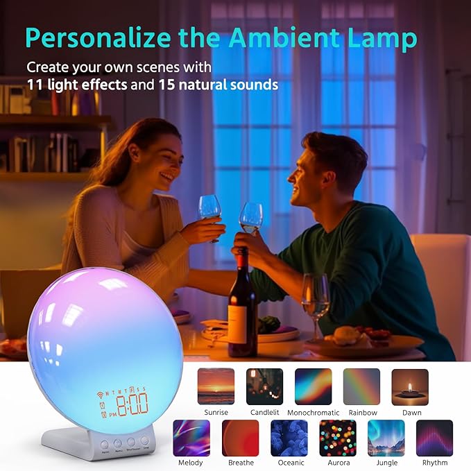 MOMILLA Sunrise Alarm Clock 3-in-1 Wireless Charging Station, App-Controlled Sound Machine White Noise, Sunrise Sunset Light, Bedside Wake-Up Lamp and Night Light for Heavy Sleepers