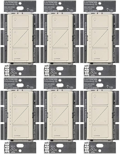 Lutron Caseta Original Smart Dimmer Switch (Lutron Smart Hub Required), for LED Lights, 150 Watt, Single-Pole/3-Way, No Neutral Required, PD-6WCL-LA, Light Almond, 6 Pack