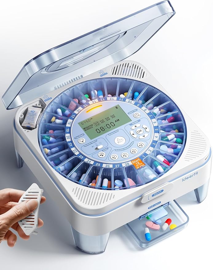 28-Day(1X) Automatic Pill Dispenser – One-Press Daily Dispense, Easy-to-Use Slide-Door Cup, Sound & Light Alerts, Moisture-Proof Dual Desiccants, Large Compartments for Tablets & Capsules