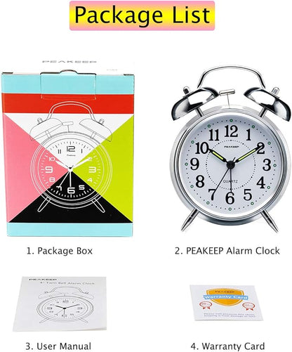 Peakeep 4 inches Twin Bell Loud Alarm Clock for Heavy Sleepers (Chrome Finish)