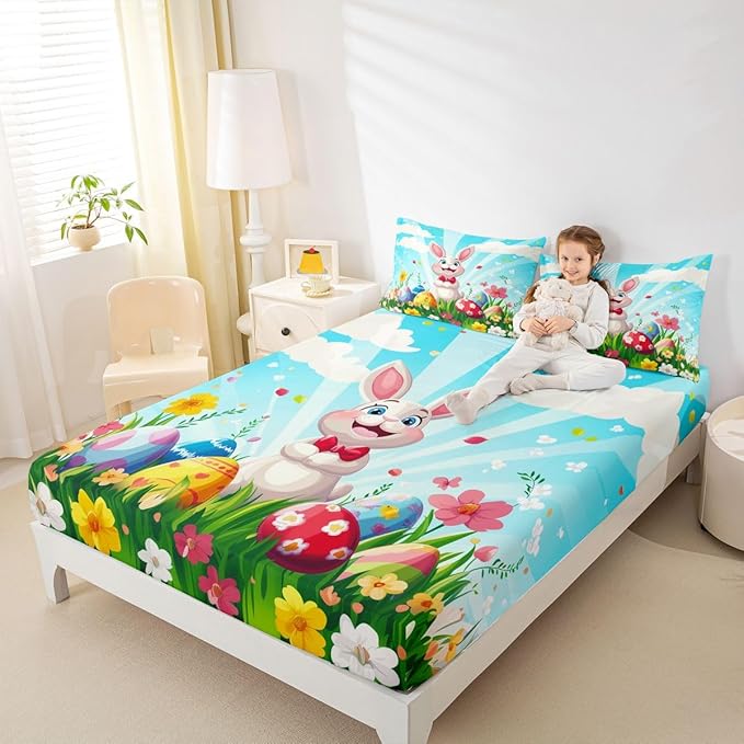 Happy Easter Bed Sheet Queen Size Funny Rabbit Easter Egg Bedding Set Spring Flowers Cute Animal Fitted Sheet Kids Boys Girls Room Decor Blue Colorful Soft Sheets with 2 Pillowcase,No Top Flat