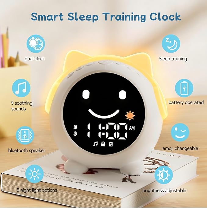 Kids Alarm Clock with Sleep Training, LED Night Light, Bluetooth Music, Multi-Color Display, Sound Machine, OK to Wake Light for Toddlers and Children